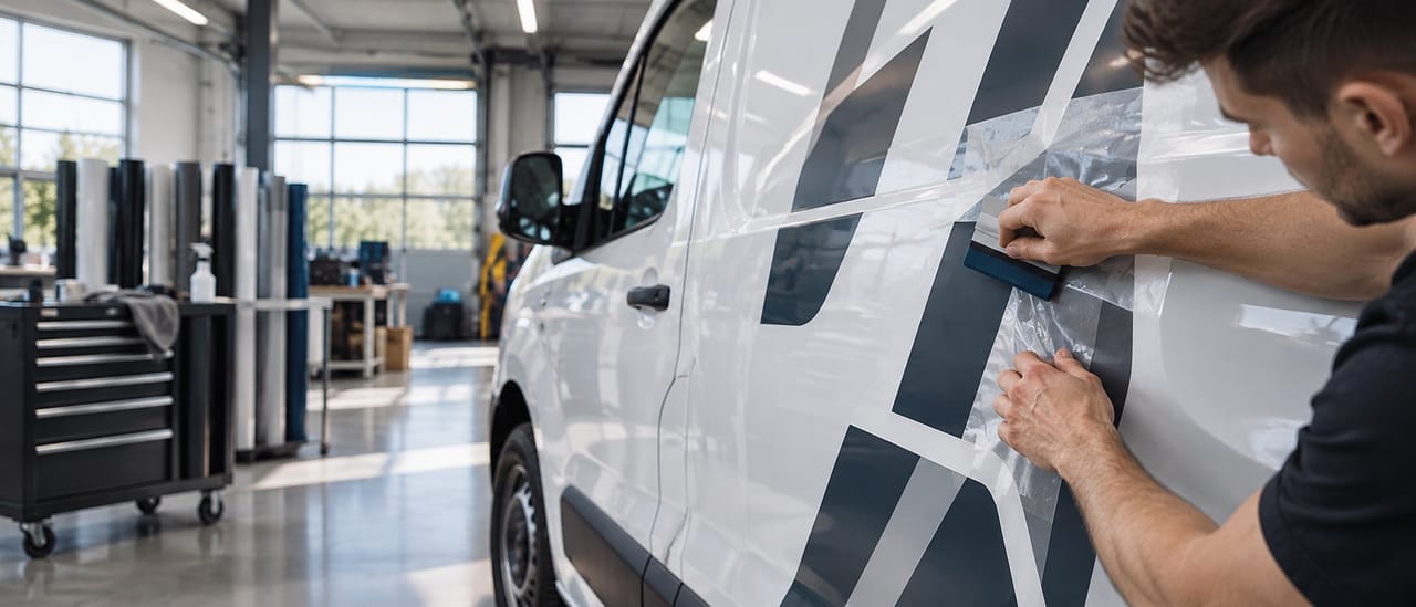 Monteur bringt mit dem Rakel Folie auf die Seitenwand eines weißen Transporters auf