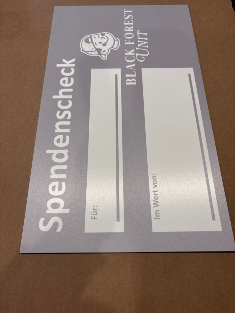 Großer grauer Spendenscheck mit Logo
