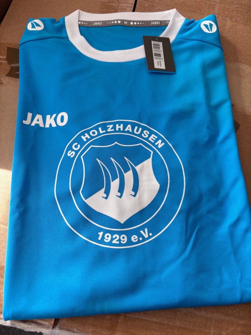 Hellblaues Trikot mit Vereinswappen
