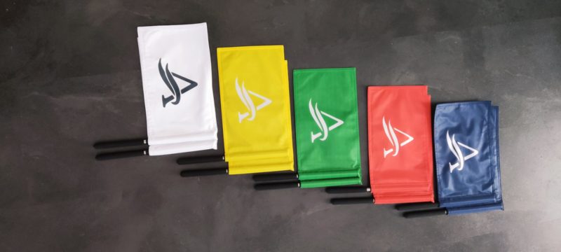 Stabfahnen mit Logo in Weiß, Gelb, Grün, Rot und Blau